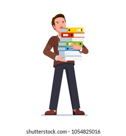 Business man clerk holding big document papers folders stack. Overwhelmed office worker carrying armful paperwork pile. Workaholic concept. Excessive work metaphor. Flat isolated vector illustration