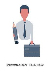 Business man or clerk holding a suitcase and a pencil. Male character in simple style, flat illustration. Business concept. Isolated on white background.
