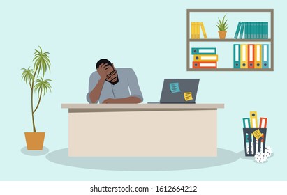 Business man or a clerk working at his office desk. Flat vector illustration.
