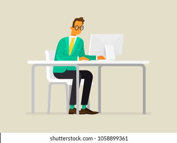 Business man or clerk working at a office desk in front of a computer. Vector illustration in a flat style