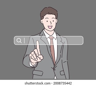 Business Man Clicking Internet Search Page On Computer Touch Screen. Hand Drawn In Thin Line Style, Vector Illustrations.