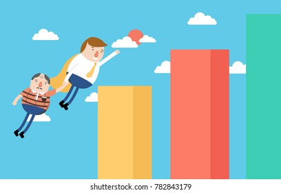 business man and client fly over growing chart. Sky and cloud background. Vector illustration.