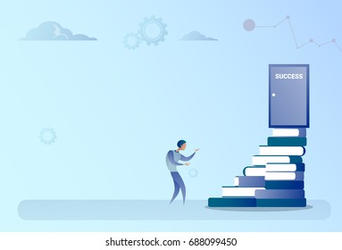 Business Man Climb Books Stack To Success Door Growth Concept Flat Vector Illustration