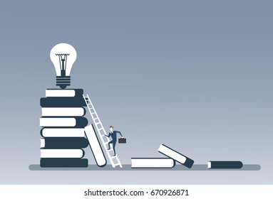 Business Man Climbing Books Stack To Light Bulb On Top New Creative Idea Concept Vector Illustration