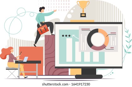 Business man climbing up growing bar graph to trophy cup, woman working on laptop, vector flat style design illustration. Office work, business career concept for web banner, website page etc.