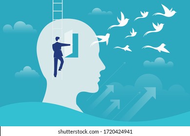 Business man climbing a ladder and opening the door to a human head with birds flying out. Psychological help, free and relax mind from negative emotions. Creative ideas, thinking outside box concept