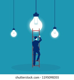 Business man climbing to a light bulb to get new idea concept isolated on blue background. Eps 10 Vector illustration, Minimalist white blue flat business style modern design.