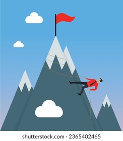 Business man climbing up the mountain to achieve success, character hardworking concept