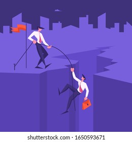 Business Man Climbing on Mountain Peak from Cleft Bottom, Leader Pull Colleague with Rope. Assistance, Team Work, People Working Together for Goal Achievement Concept. Cartoon Flat Vector Illustration