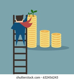 Business man climbing to plan his money saving,flat vector design.
