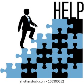 Business man climbing problem puzzle to find help solution 