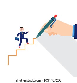 Business man climbing the stairs of corporate success as a colleague draws them in with a pen in a team work and ambition concept, vector illustration