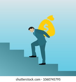Business Man Climbing Stairs To Dollar Sign Finance Growth Success Concept. Flat Vector Illustration