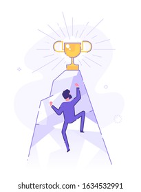 Business man is climbing to top of the mountain there is golden cup. Leadership and achievement concept. Modern vector illustration. 