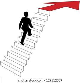 Business man climbs up stairs to arrow direction to success