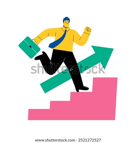 Business man climbs the stairs. Concept of career growth or path to success. Flat vector illustration isolated on white background

