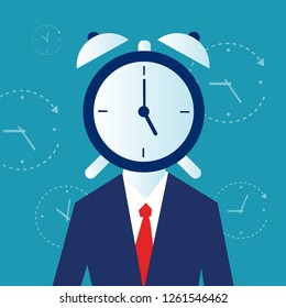 Business man with clock instead of head, concept for stress, time pressure, headache, depression concept. Eps 10 Vector illustration, Minimalist white blue flat business style modern design.