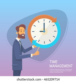 Business Man With Clock Time Management Concept Flat Vector Illustration