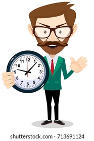 Business Man With Clock. Time Management Concept. Flat Vector Illustration