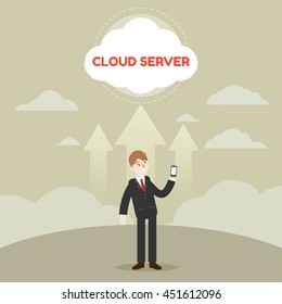 business man with cloud server. people with mobility work. digital lifestyle with smart mobile phone device. cartoon vector illustration