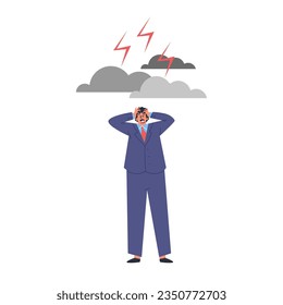 Business man clutching head terrified of problems under the clouds and lightning. Business protection, risk strategy. Unprotected in the financial crisis storm. Vector flat leader manager illustration