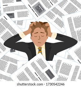 Business man clutching his head. Paperwork, stress at work. Papers, newspapers scattered on the background. Stock vector illustration. Isolated on newspaper background.