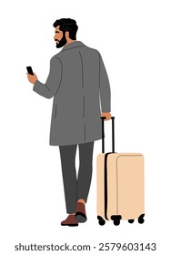 Business man in coat standing with suitcase and mobile phone rear view. Handsome bearded man with luggage turned back. Flat vector illustration isolated on white background