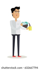 Business man with coffee maker and cup of hot hot drink. Concept of business people coffee break, business team coffee break, communicating at break. Flat design vector illustration
