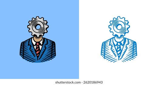 Business man with cogwheel doodles hand drawn icons. Management concept. Vector clipart illustration. Line and Ink sketch. Vintage style. 