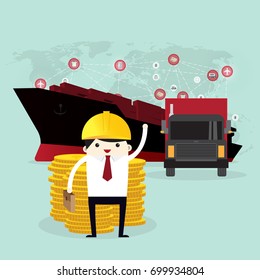 Business man and coin stack, Logistics and transportation of Container Cargo ship  in shipyard logistic import export and transport industry on world map background 