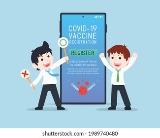 Business man and Colleagues Show Mobile Phone about Covid Coronavirus Vaccine Registration.Vaccination has protected many generations and contributed to providing good health.
