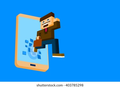 Business Man Come Out Off Cell Smart Phone Screen Social Network Communication Concept 3d Isometric Flat Design Vector Illustration