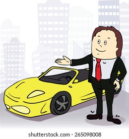 Business man and comfortable car in big city. Vector illustration