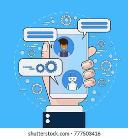 Business Man Communicating With Chatbot Using Smart Phone Modern Chatter Technology Tech Support Service Online Concept Vector Illustration