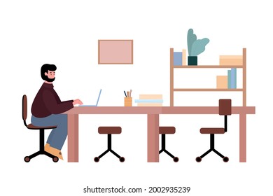 Business man communicating with other employees via online conference application at his laptop, flat vector illustration isolated on white background.