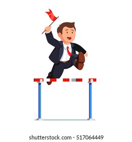 Business man competing in a steeplechase race holding a leader red flag in hand jumping over the obstacle. Determined businessman. Flat style vector illustration isolated on white background.