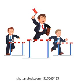 Business man competing in a steeplechase race following the leader with the red flag in hand jumping over the obstacle. Determined businessman. Flat style vector illustration.