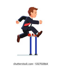 Business man competing in a steeplechase race jumping over the obstacle. Determined businessman. Side view. Flat style vector illustration isolated on white background.