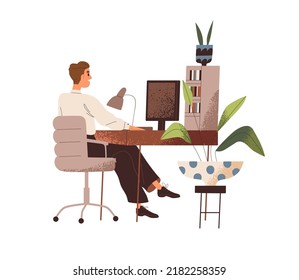 Hombre de negocios en el escritorio de la computadora en el trabajo. Empleado trabajando en PC en un lugar de trabajo acogedor. Trabajador de oficina sentado en una silla en una mesa de escritorio con biblioteca. Ilustración vectorial plana aislada en fondo blanco