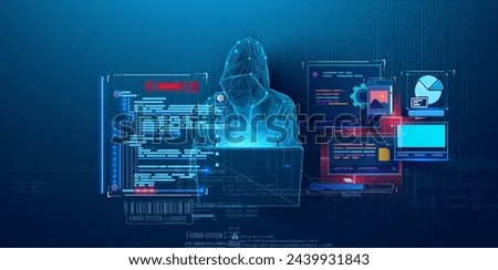 Business man computer hand close up futuristic cyber space finance AI chatbot artificial coding coding. Anonymous hacker at the laptop computer Internet security. Cyber attack. Vector illustration