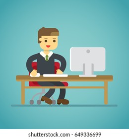 business man computer manager vector programmer student businessman worker employee freelancer job vacancy flat illustration staff tie mouse keyboard working hard chair