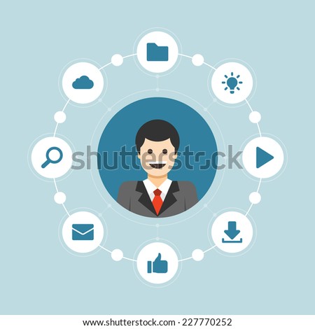 Business man concept and flat icons set, money, finance, download, user profile, global, mail, speech bubble. Website infographics design web elements vector illustration. 