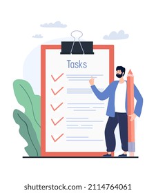 Business man concept. Guy stands with pencil next to sheet with task. Time management, goal setting and planning. Responsible employee, work done and routine. Cartoon flat vector illustration