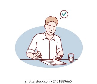 Concepto de hombre de negocios. Joven empresaria sentada en su escritorio, sosteniendo un bolígrafo y leyendo el contrato de negocios. Ilustraciones de diseño de Vector dibujado a mano.