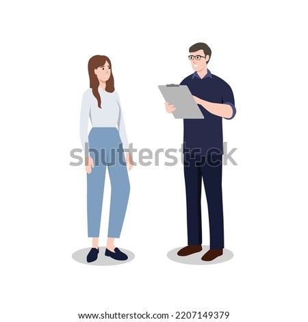 Business man is conducting a survey. Businessman answers questions of interview. People conversation. Flat vector illustration isolated on white background