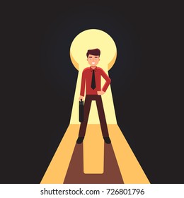 Business man confidently standing in front of light lit giant keyhole. Metaphor of key person, problem solution and secret discovery. Flat style vector illustration isolated on dark background.