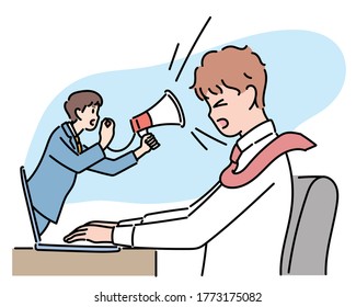 A business man is confused by his boss. A boss who jumps out of a laptop is shouting with a megaphone. hand drawn style vector design illustrations. 