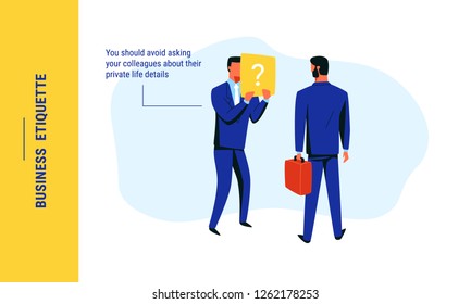 Business man confused by irrelevant question about private life from his colleague. Avoid asking unwanted questions during informal communication at work. Business etiquette rules vector illustration.