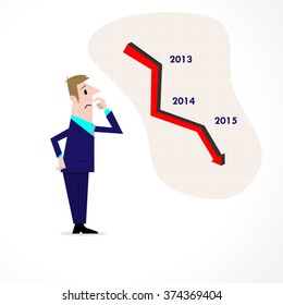 Business man confused stock market arrow.Sad businessman with graph indicating a regression. The concept of business failure, bankruptcy. Vector illustration