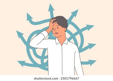 Business man is confused and suffers from confusing thoughts due to difficulty of choosing strategy. Chaotic arrows behind guy cause stress and pressure, because of difficulty making decisions